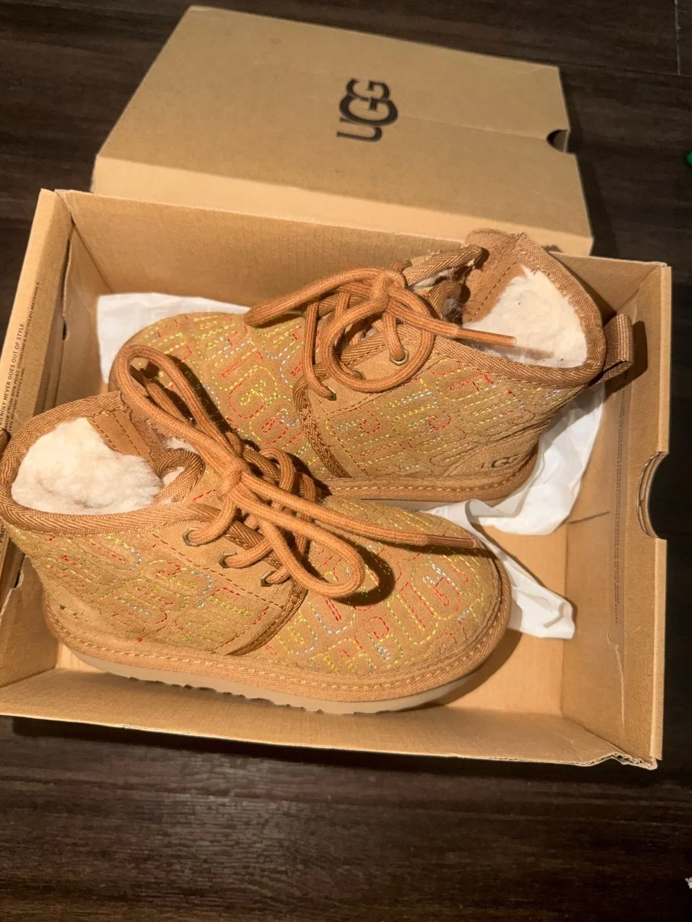 UGG Kids Chestnut Embroidered Lace-Up Shearling Boots (Gender Neutral)